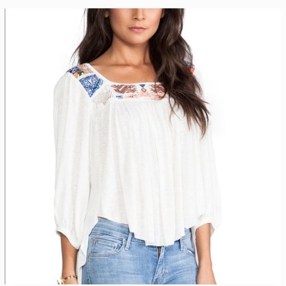 Free People Tops - Free People Free Bird Embroidered Soft Jersey Boho Top Size M